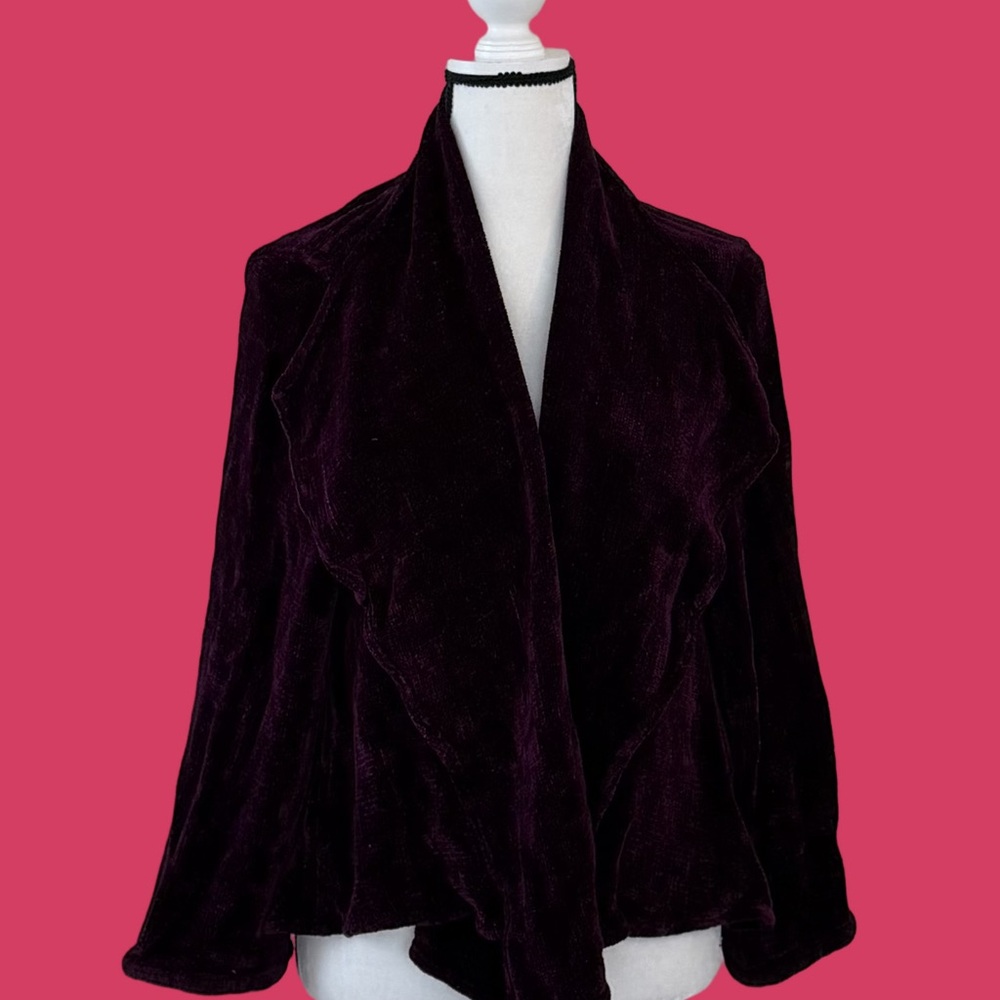 Ellen Steininger Textured Velvet Draped Waterfall Cardigan - Plum / One Size